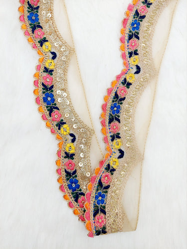9 Yards Scallop Sequin Floral Border, Beige Shimmer Tissue Fabric Lace Trim Flowers Embroidery, Floral Sari Trimming